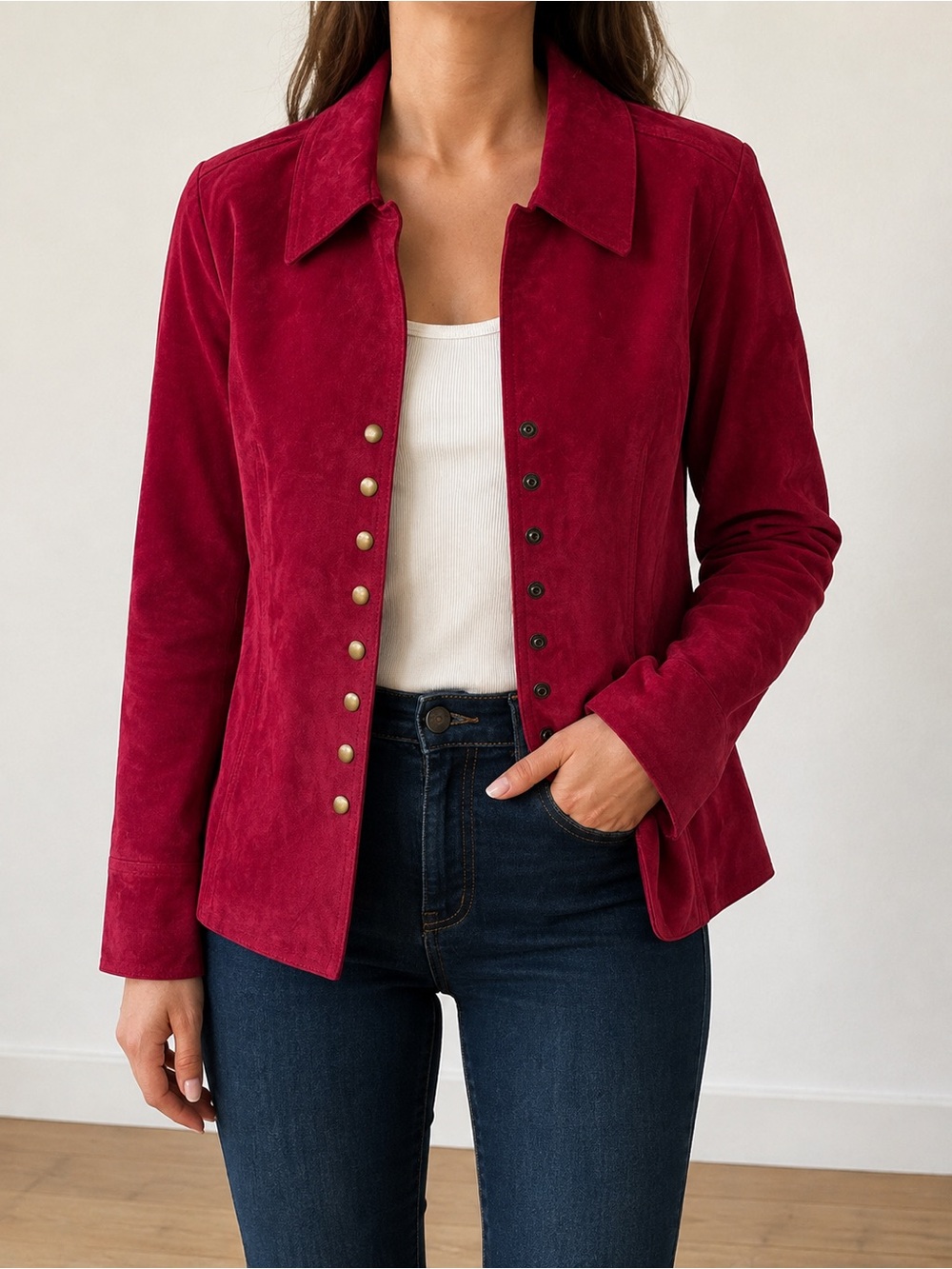 Coldwater Creek Suede Red Button-Front Leather Jacket